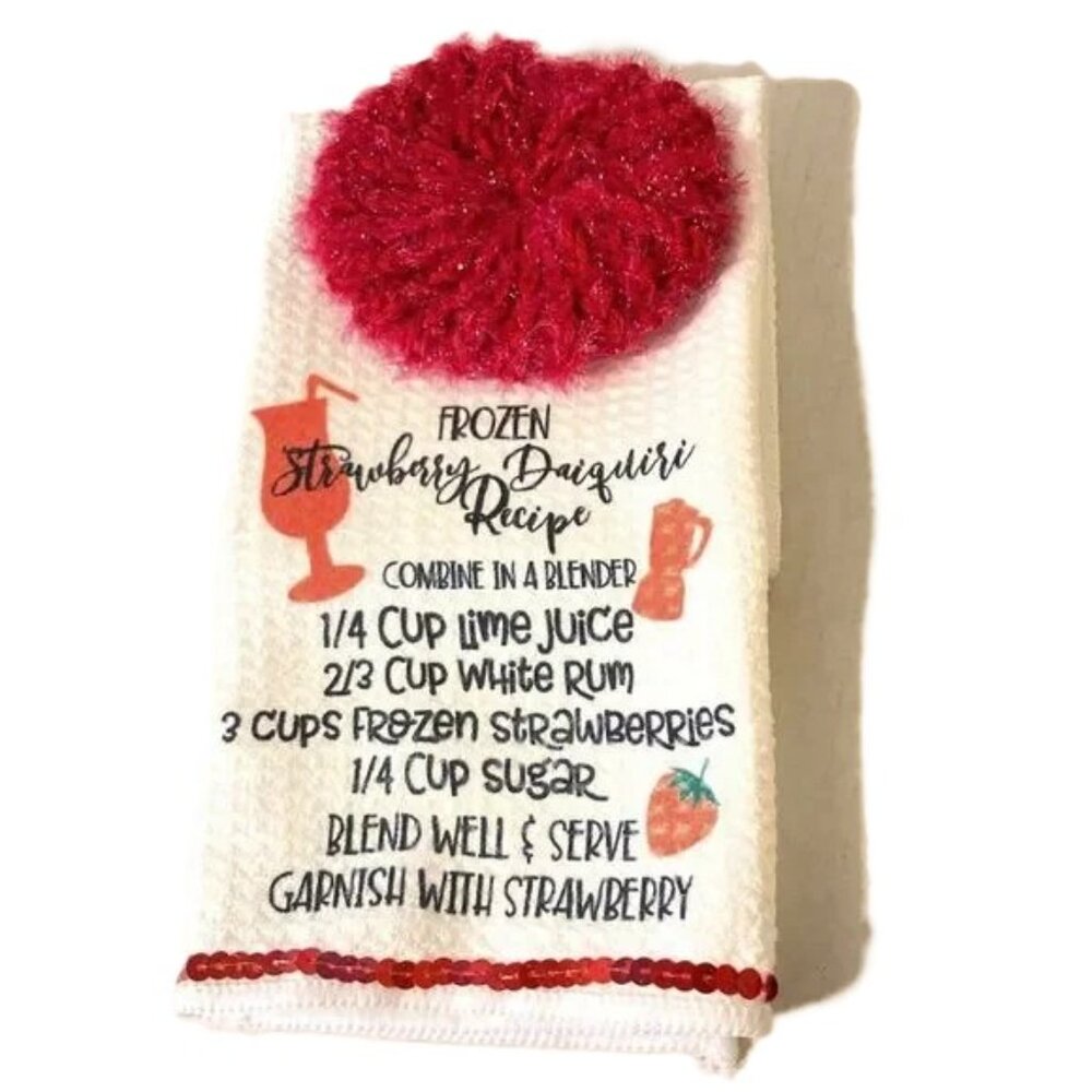 STRAWBERRY DAIQUIRI Bar Keeper Towel and Countertop Dish Glass Scrubby Gift Set